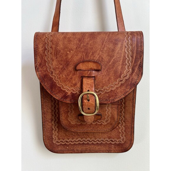 Vintage Handcrafted Leather Crossbody Bag Brown Brass Buckle Unisex - Picture 5 of 16
